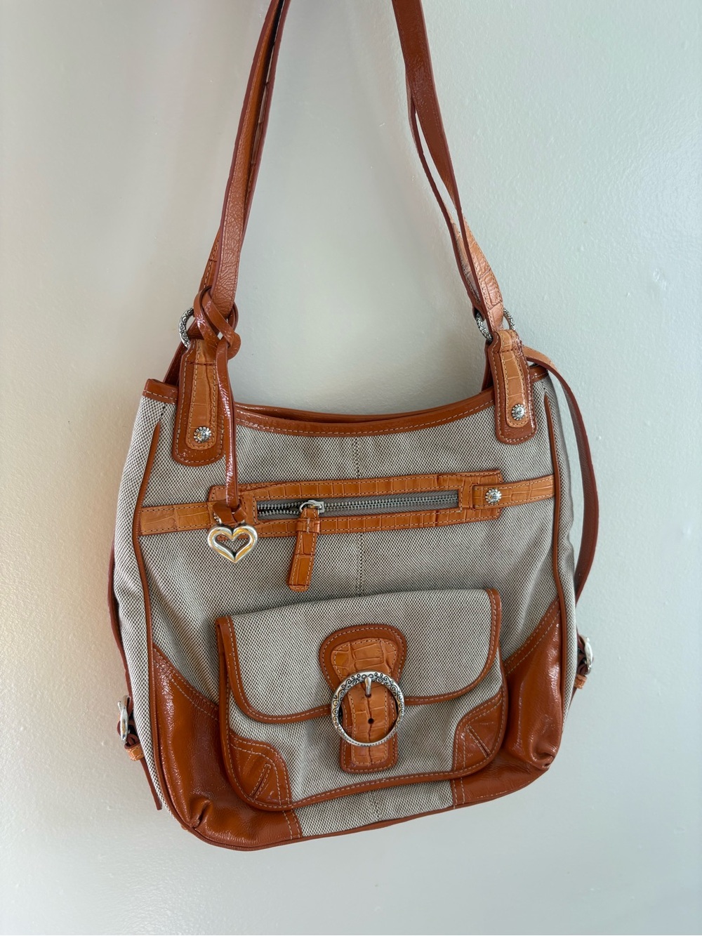 Brighton Beige Canvas and Tan Leather Shoulder Bag with Heart Charm